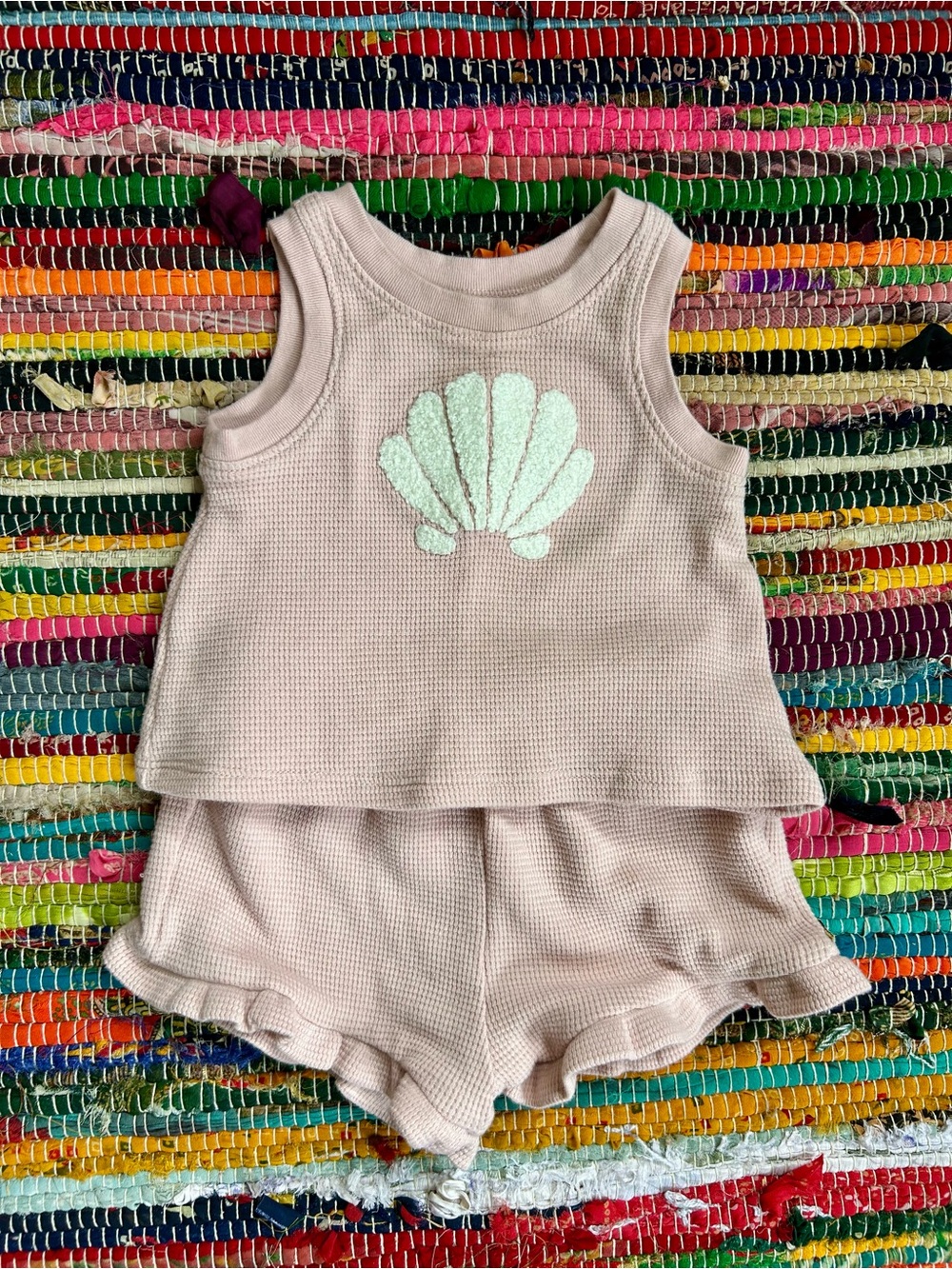 Cloud Island Pink Waffle Knit Shell Tank & Ruffle Shorts Set 6-9 MOS